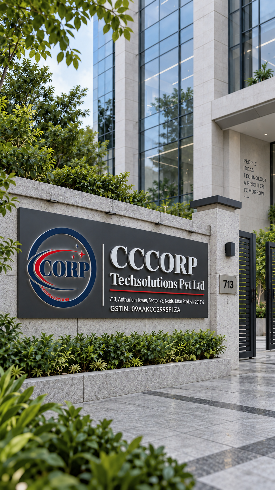 CCCORP-branded architectural concept with a charcoal company sign, natural daylight and landscaped entrance
